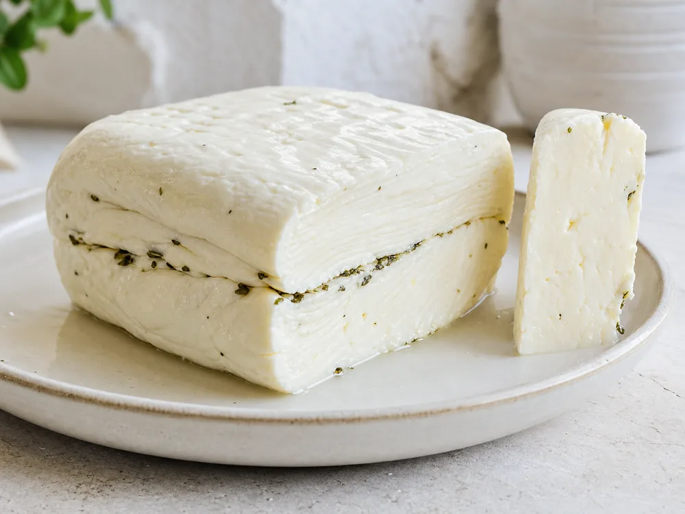 Folded Halloumi-style block showing layered curd, mint flecks, and a moist brined surface - Halloumi | KnowTheCheese
