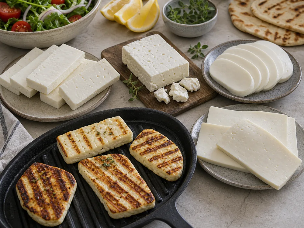 Halloumi substitute setup with grilled firm cheese slices, paneer-style slabs, feta block, firm mozzarella slices, salad, lemon, and flatbread