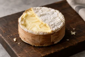 Round spruce-belted soft cheese with its bloomy top partly opened