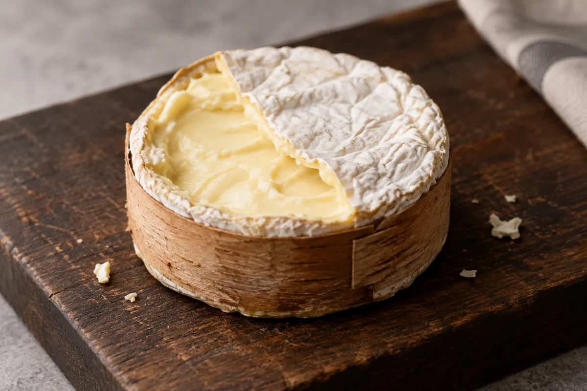 Round spruce-belted soft cheese with its bloomy top partly opened