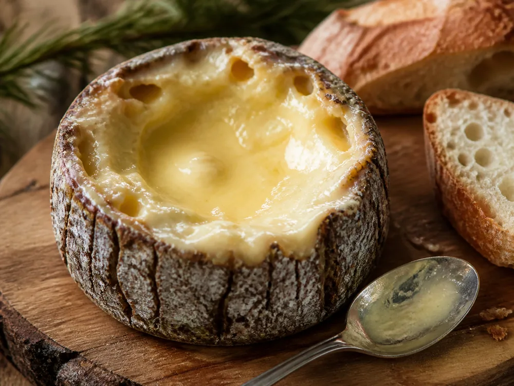 Wheel of Harbison cheese with the top cut open, soft interior visible with a spoon nearby - Harbison cheese | KnowTheCheese