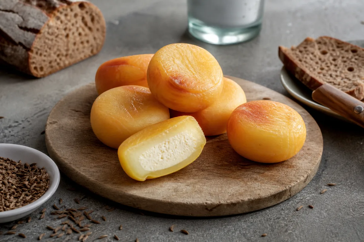 Small golden Harzer rounds with a white core and rye bread - Harzer cheese | KnowTheCheese