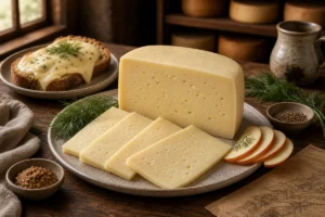 Havarti-style block and slices with tiny openings, dill, apple, and melted bread - Havarti cheese | KnowTheCheese