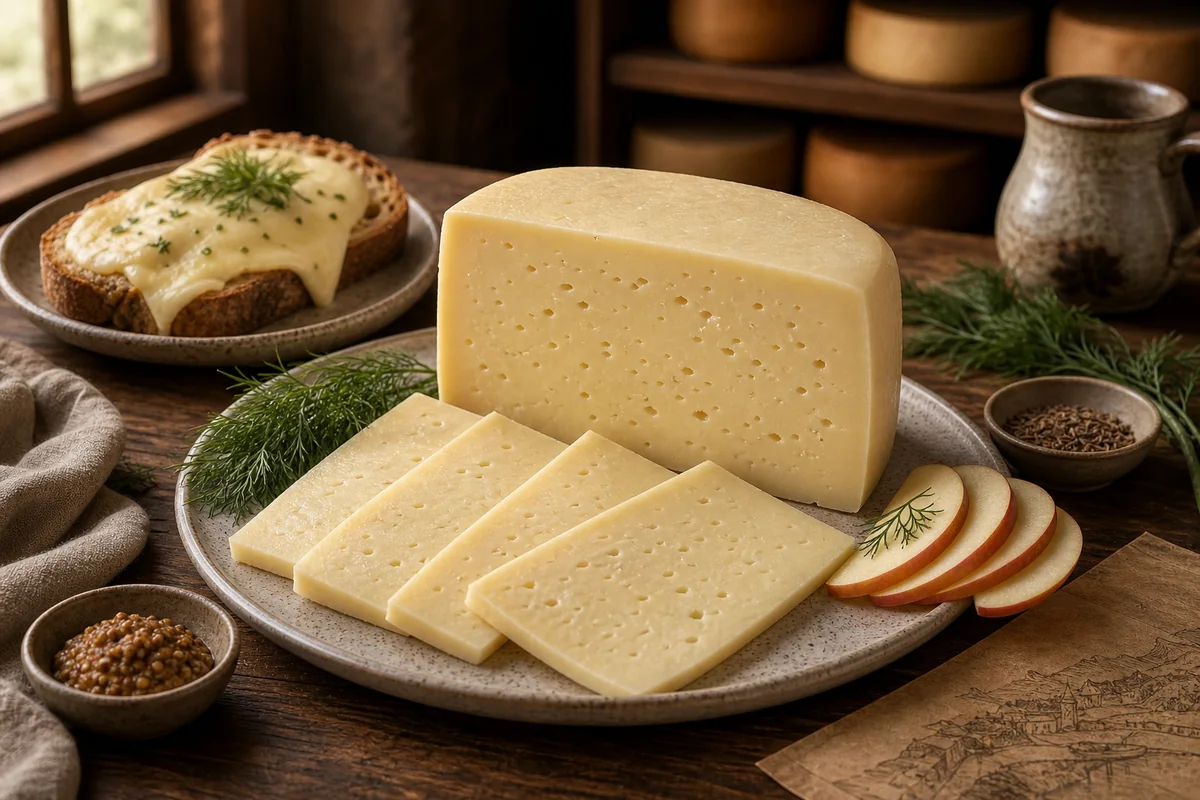 Havarti-style block and slices with tiny openings, dill, apple, and melted bread - Havarti cheese | KnowTheCheese