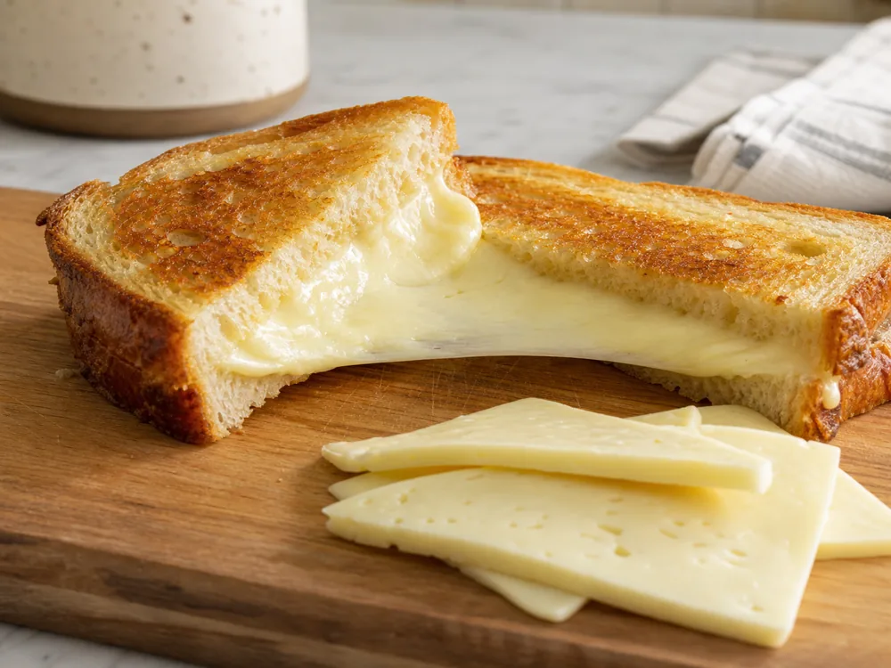 Havarti melting smoothly in a grilled sandwich with pale slices beside it - Havarti cheese | KnowTheCheese