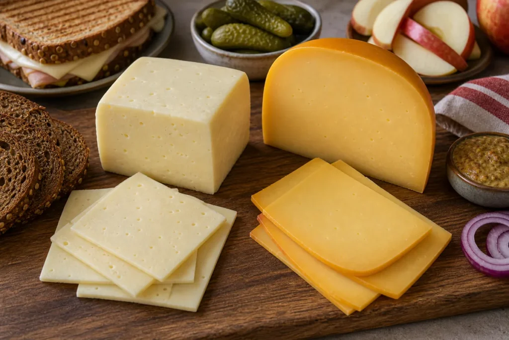 Havarti slices and Gouda wedge on a sandwich board.