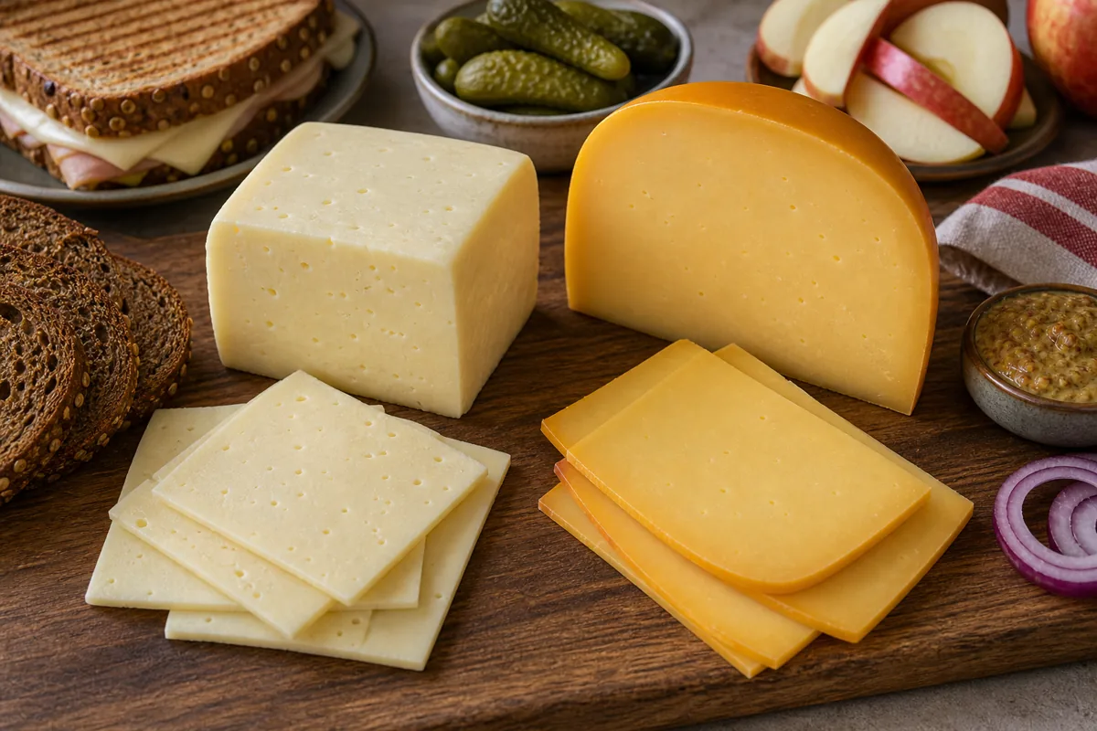 Havarti slices and Gouda wedge on a sandwich board.