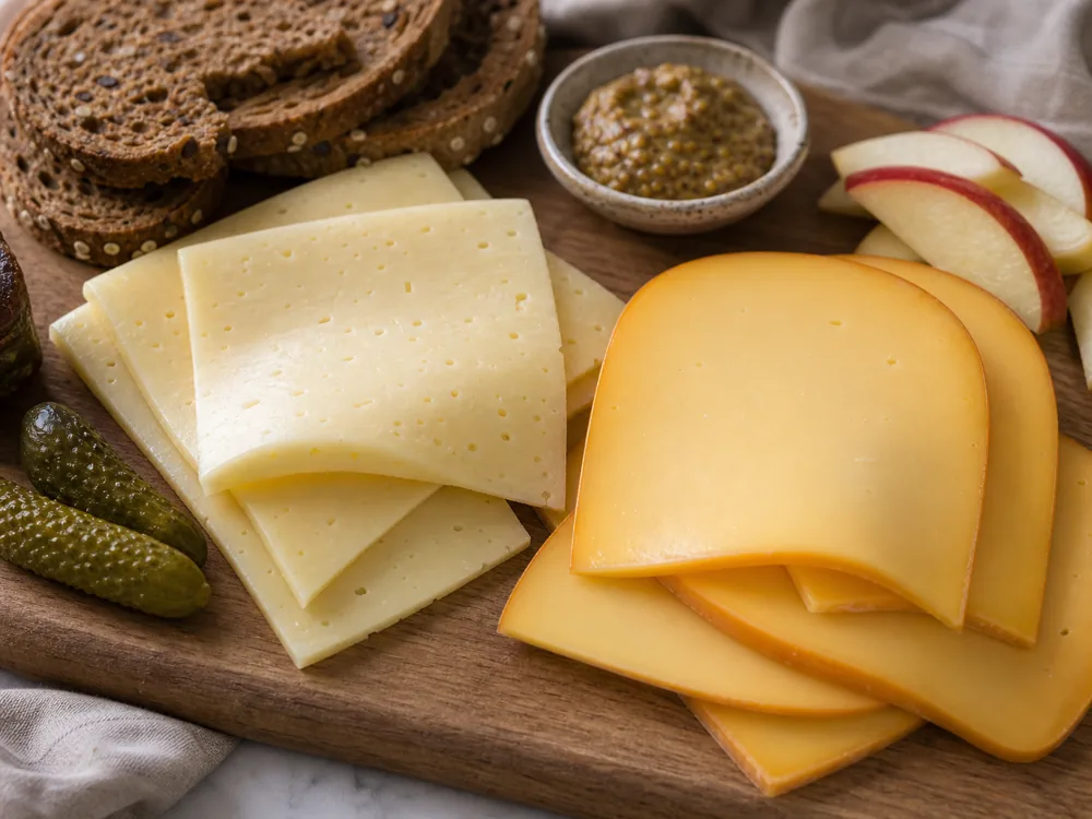 Havarti and Gouda slices on a deli-style board.