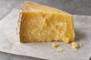 Yellow aged cheese wedge with natural rind and flaky crystalline cut face - Heidi Aged Cheese | KnowTheCheese