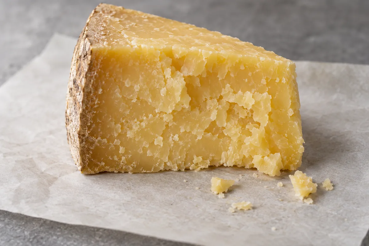 Yellow aged cheese wedge with natural rind and flaky crystalline cut face - Heidi Aged Cheese | KnowTheCheese