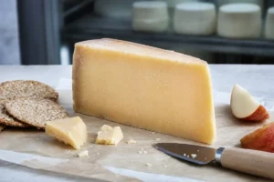 Firm Tasmanian aged cheese wedge with crackers and apple - Heidi Aged Cheese | KnowTheCheese