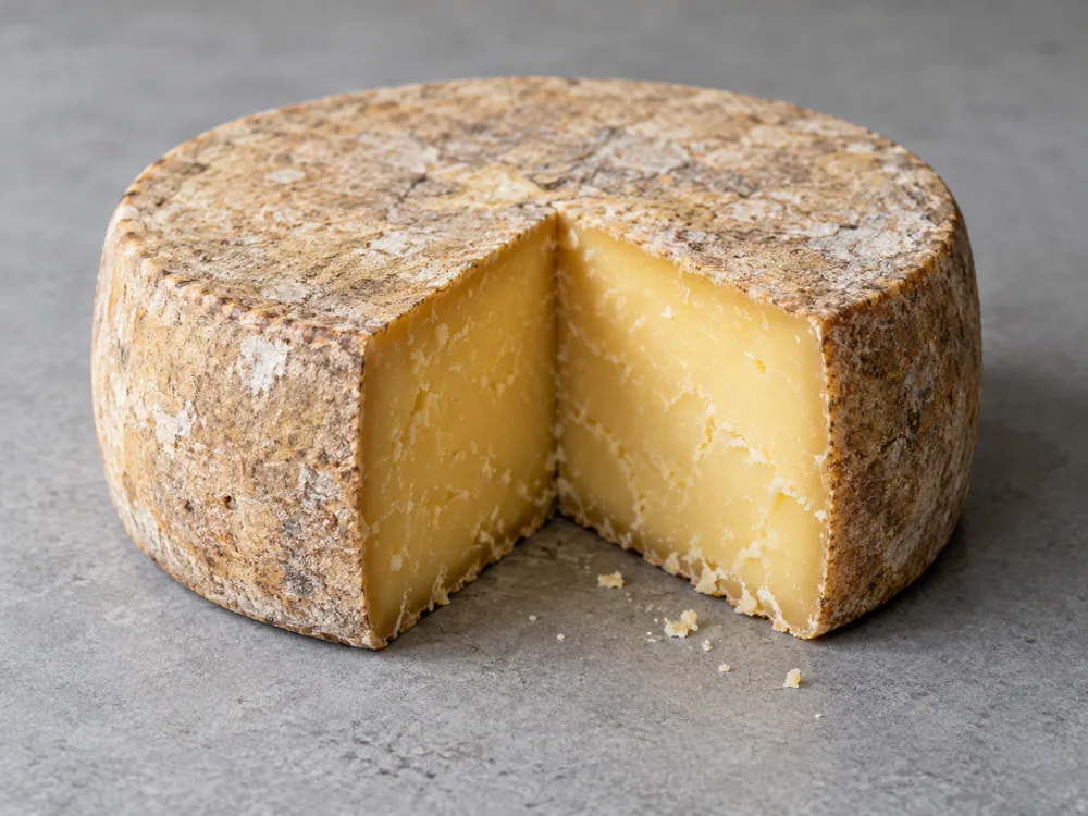 Round yellow-paste cheese wheel with a natural rind and one wedge cut away - Heidi Aged Cheese | KnowTheCheese