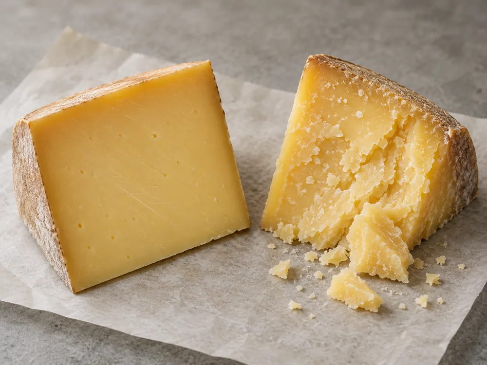 Two yellow cheese wedges side by side, one with a smooth close paste and one with a flaky crystalline broken face - Heidi Aged Cheese | KnowTheCheese