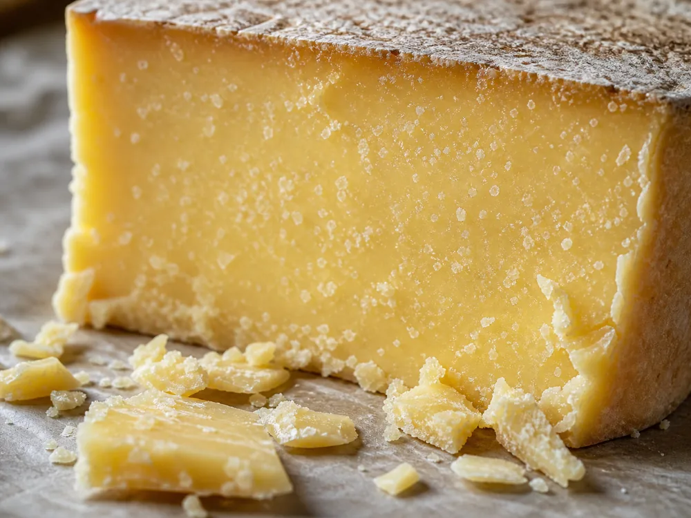 Firm aged cheese cut face with rind shards and crystals - Heidi Aged Cheese | KnowTheCheese