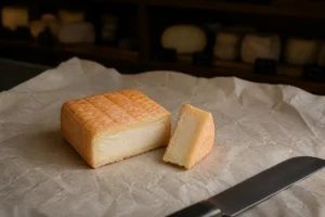 Small square Herve cheese with an orange washed rind and creamy ivory paste - Herve | KnowTheCheese