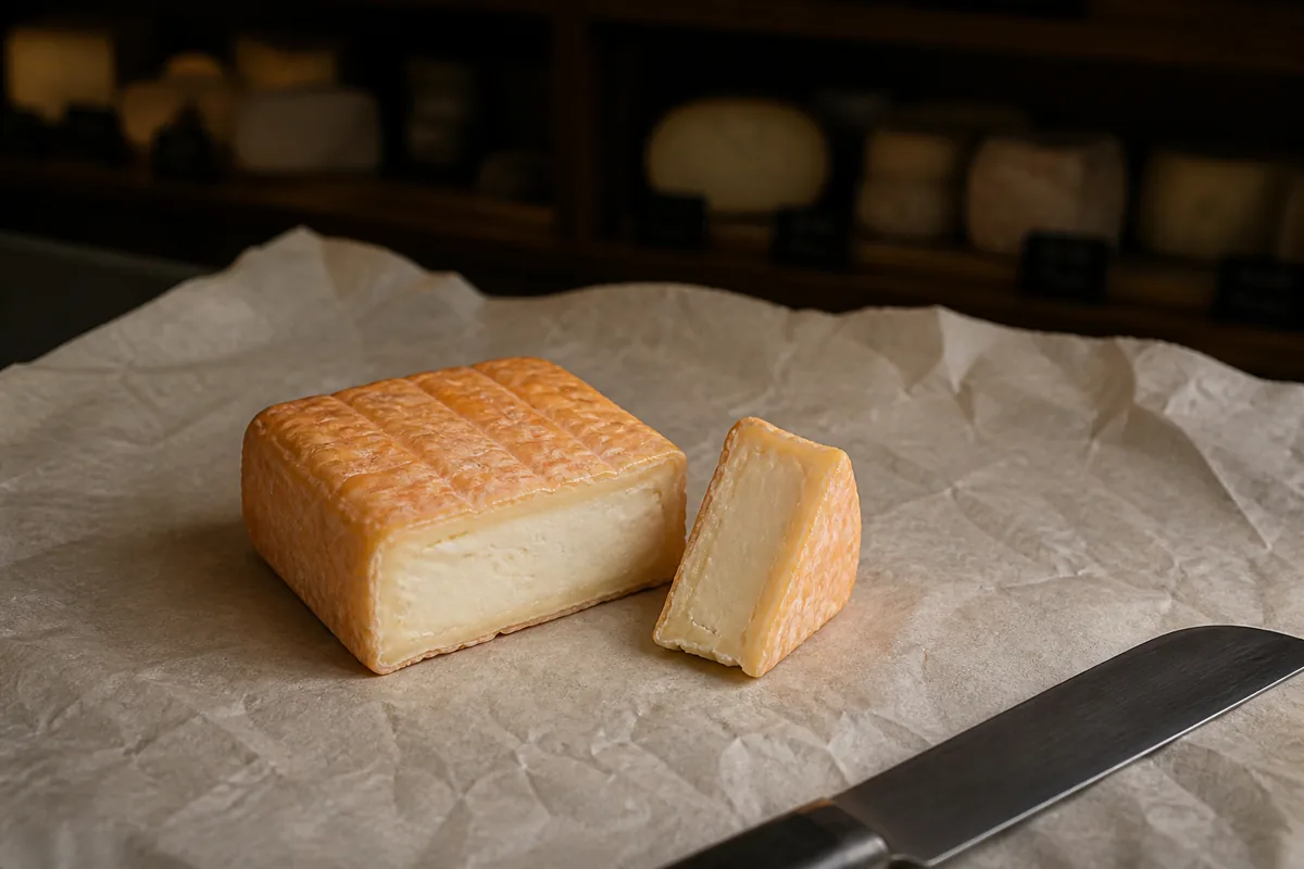Small square Herve cheese with an orange washed rind and creamy ivory paste - Herve | KnowTheCheese