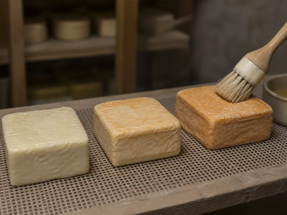 Small square Herve cheese developing an orange rind through brine washing - Herve | KnowTheCheese