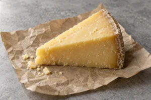 Wedge of hard yellow cheese with a natural rind and crumbly cut face - Himmelsraften Extra | KnowTheCheese