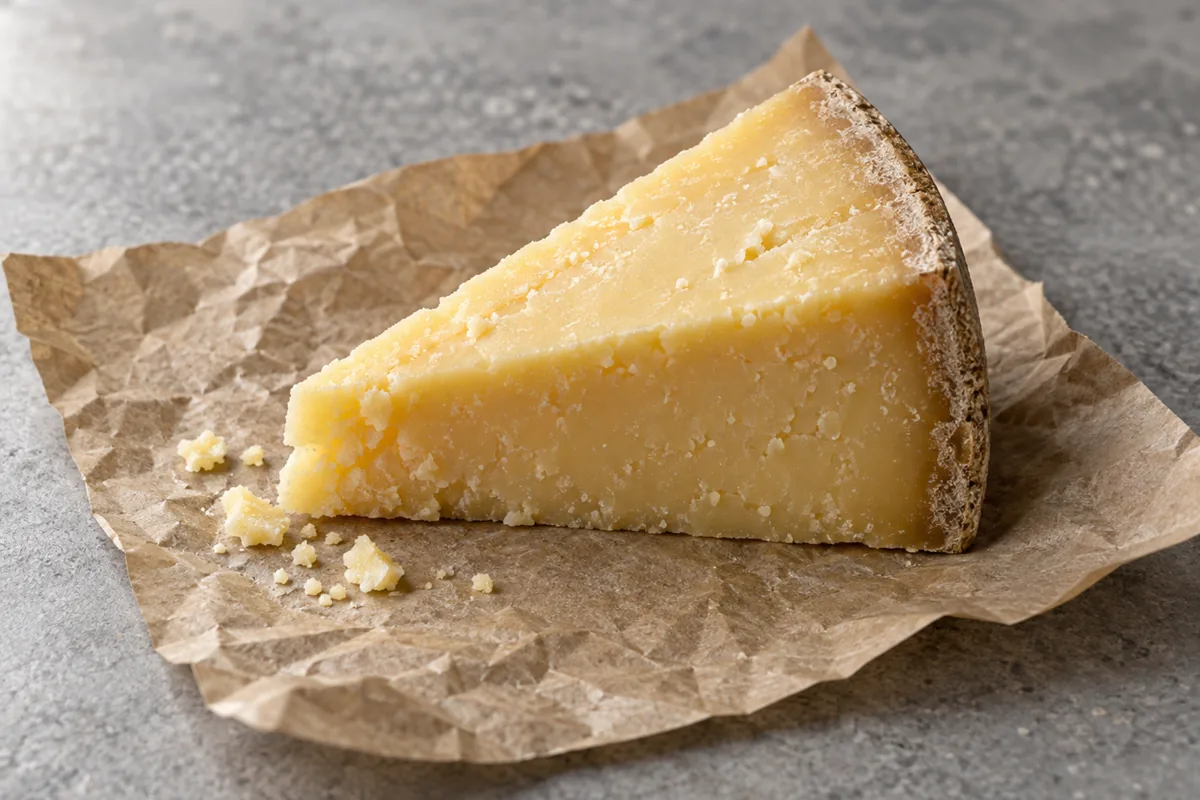 Wedge of hard yellow cheese with a natural rind and crumbly cut face - Himmelsraften Extra | KnowTheCheese
