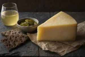 Swedish aged cheese wedge with rye crispbread pickles and cider - Himmelsraften Extra | KnowTheCheese
