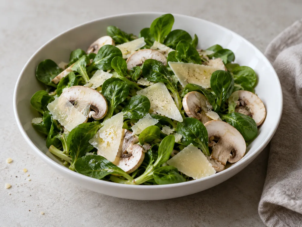 Salad of mache, sliced mushrooms and thin cheese shavings in a white bowl - Himmelsraften Extra | KnowTheCheese