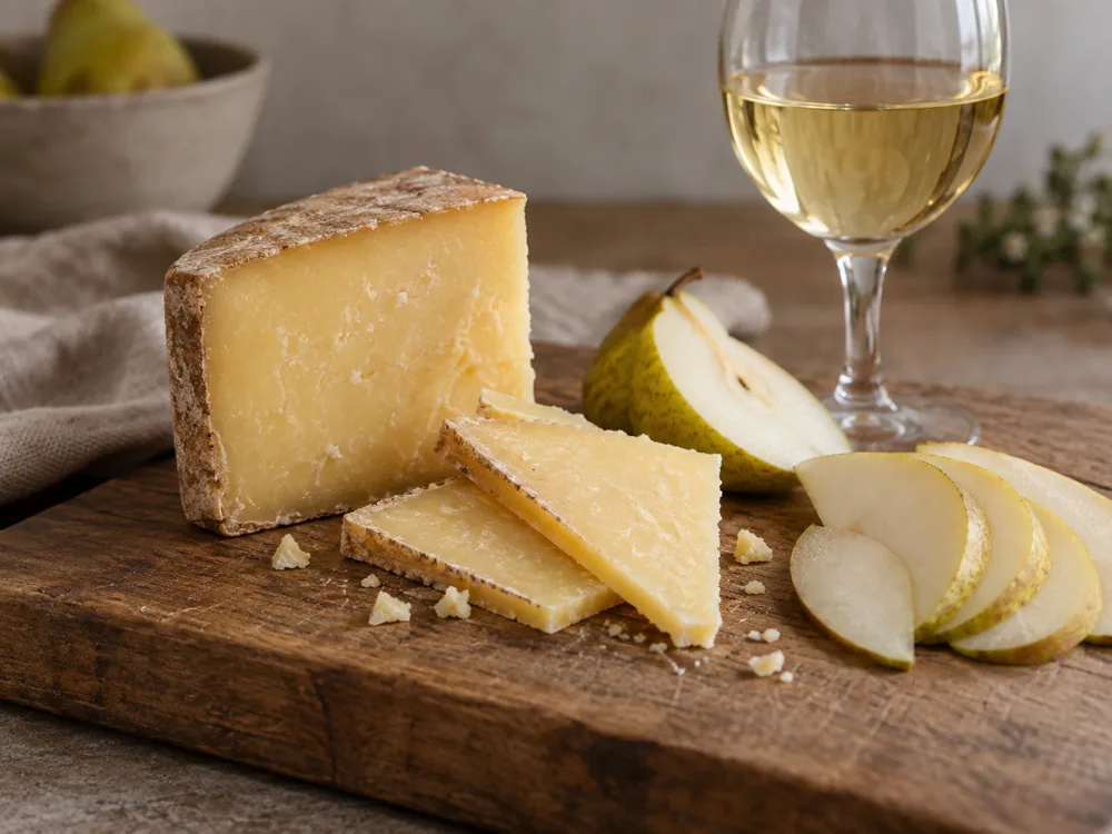 Slices of hard yellow cheese beside pear slices and a glass of white wine - Himmelsraften Extra | KnowTheCheese
