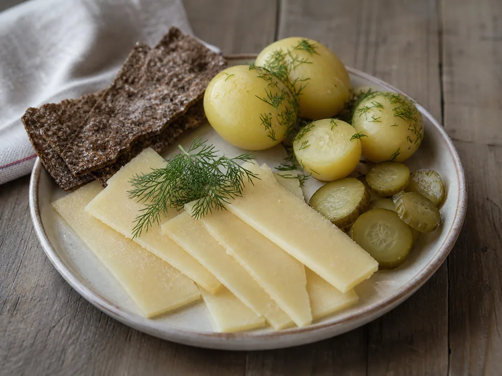 Aged Swedish cheese slices with potatoes dill crispbread and pickles - Himmelsraften Extra | KnowTheCheese