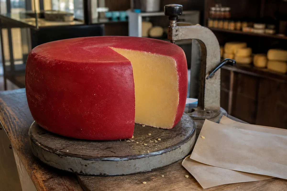 Red-wax hoop cheese wheel cut on a country-store cheese cutter - Hoop cheese | KnowTheCheese
