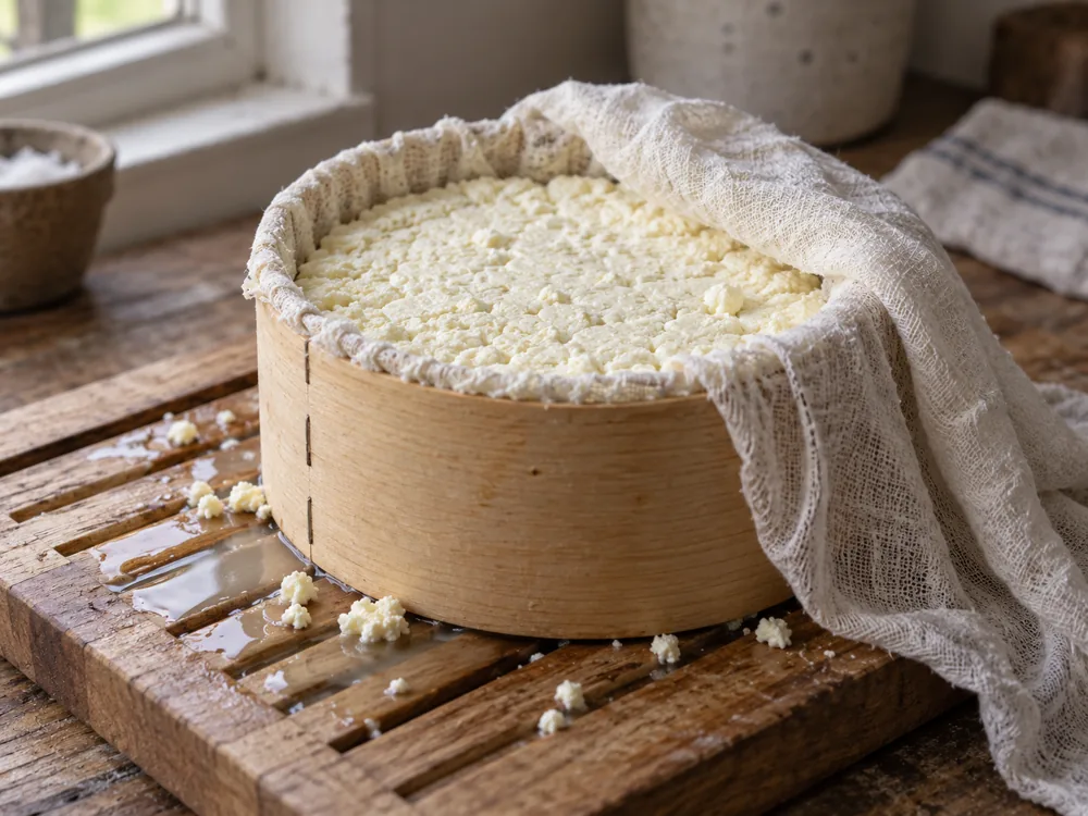Wooden cheese hoop lined with cheesecloth and filled with pressed curd - Hoop cheese | KnowTheCheese
