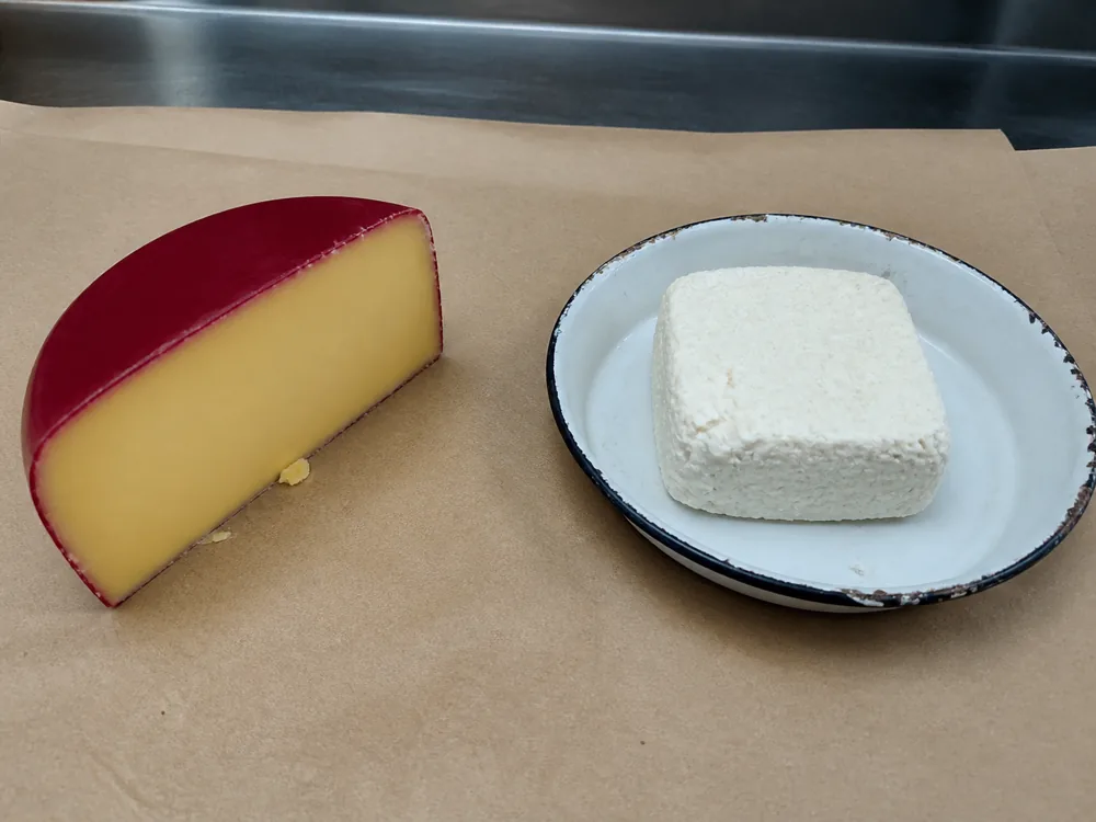 Waxed yellow hoop cheese beside pressed white dry-curd cheese - Hoop cheese | KnowTheCheese