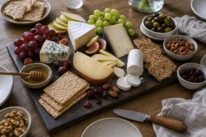 Cheese board arranged with cheeses fruit crackers and nuts - How to build a cheese board | KnowTheCheese
