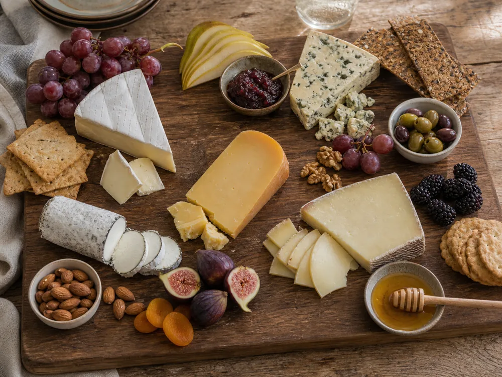 Partly assembled cheese board with soft, firm, goat, blue, and aged cheeses plus fruit, nuts, crackers, and honey