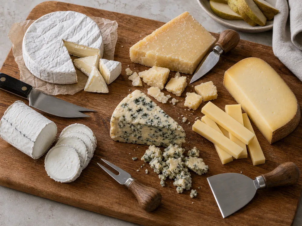 Cheese cutting board with Brie triangles, Parmesan shards, Gouda batons, blue cheese crumbles, goat cheese rounds, and cheese knives