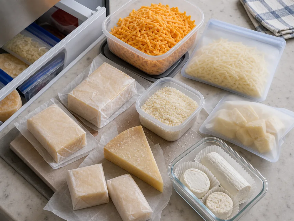 Cheese prepared for freezing with shredded cheese, wrapped firm blocks, grated hard cheese, and soft cheese in clear containers