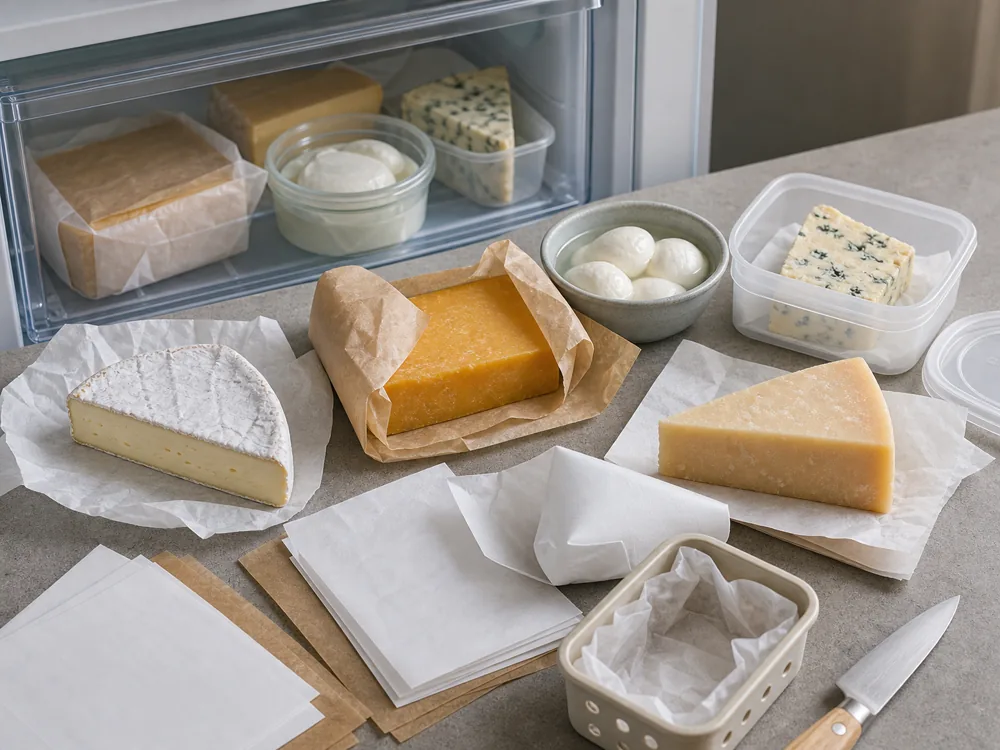 Cheese storage setup with wrapped wedges, cheese paper, containers, mozzarella in brine, and a refrigerator drawer