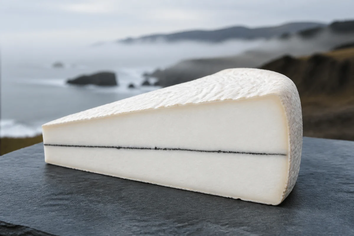 Humboldt Fog wedge with a central ash line and bloomy rind - Humboldt Fog cheese | KnowTheCheese