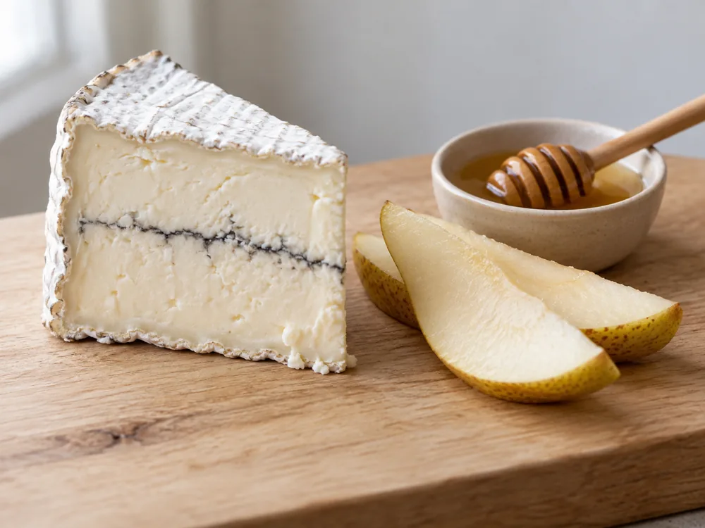 Humboldt Fog wedge with sliced pear and a dish of honey - Humboldt Fog cheese | KnowTheCheese