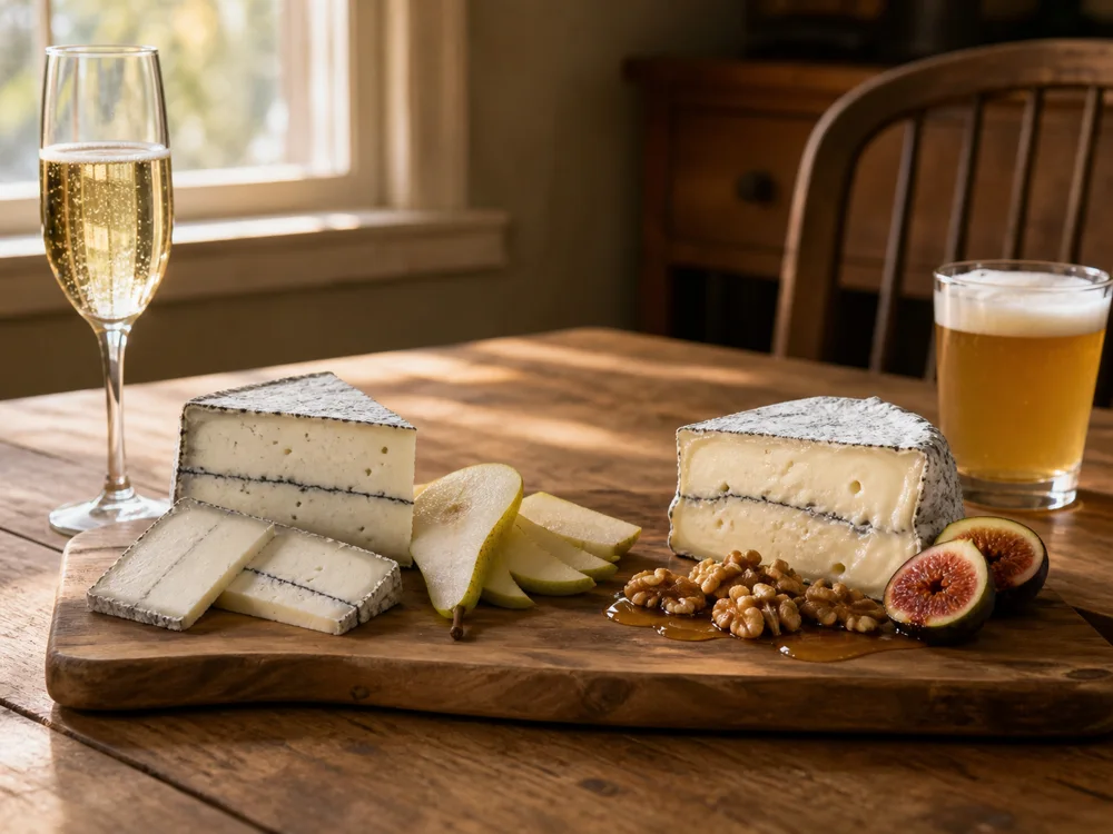 Young and mature Humboldt Fog served with fruit honey wine and beer - Humboldt Fog cheese | KnowTheCheese