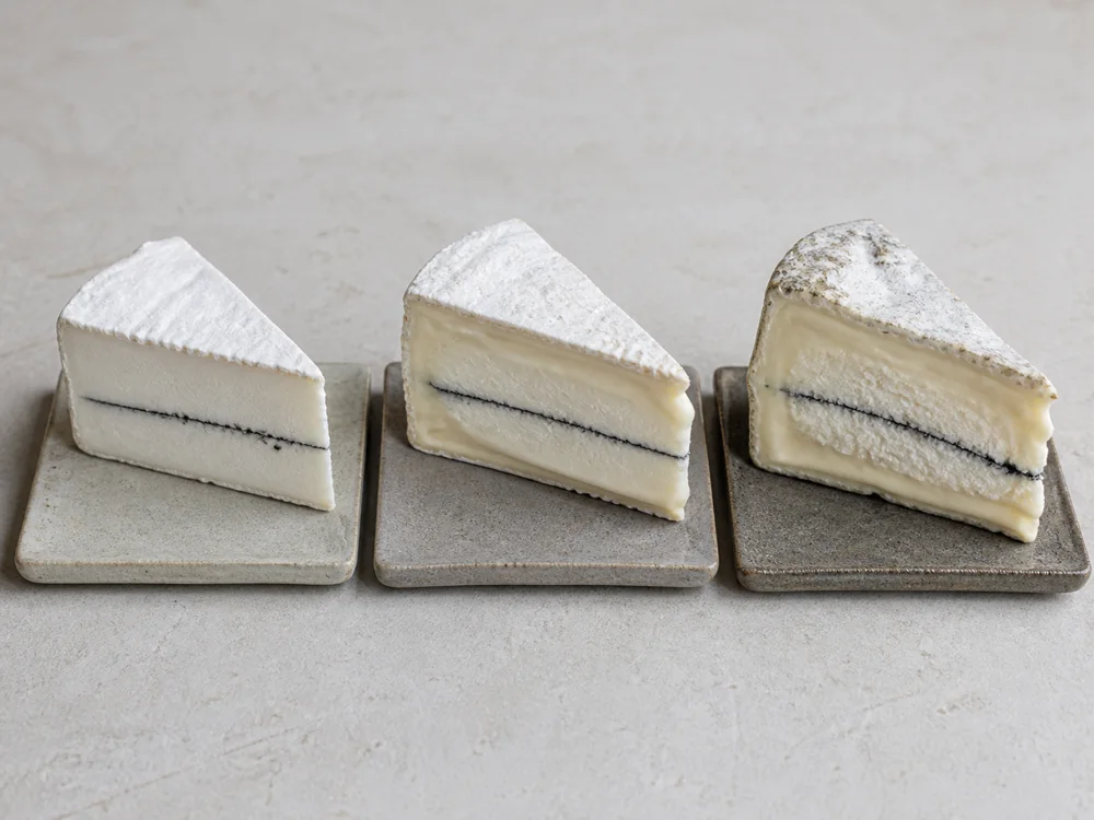 Young ripe and mature Humboldt Fog wedges showing the growing cream line - Humboldt Fog cheese | KnowTheCheese