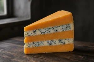 Huntsman wedge with Double Gloucester and Blue Stilton layers - Huntsman cheese | KnowTheCheese