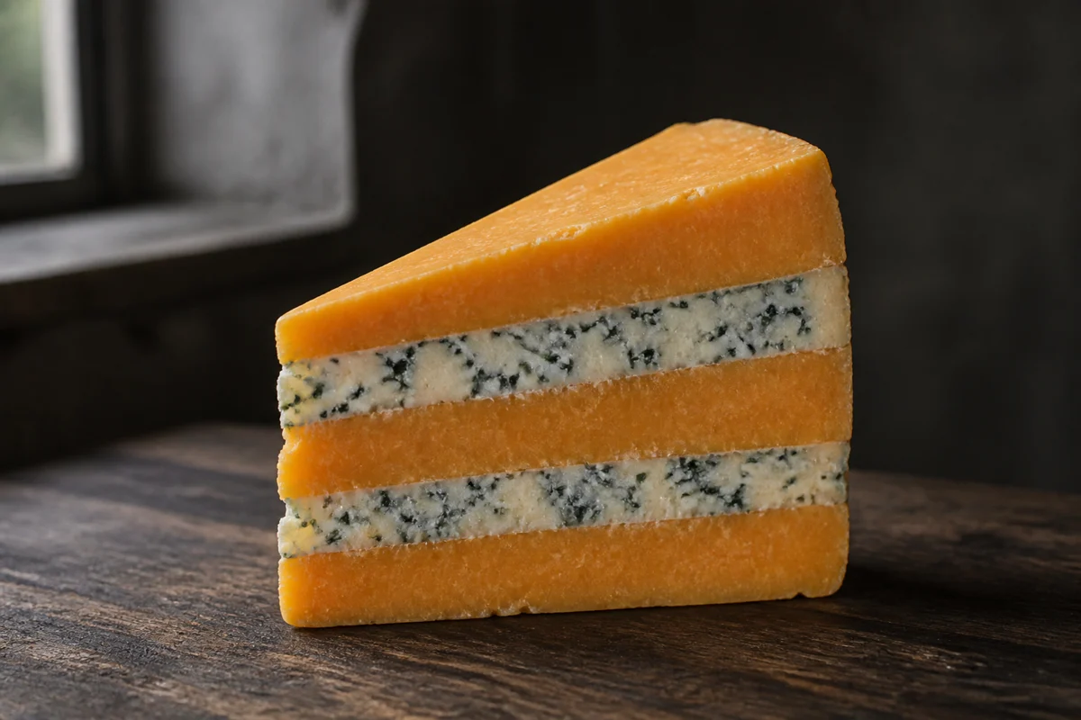 Huntsman wedge with Double Gloucester and Blue Stilton layers - Huntsman cheese | KnowTheCheese