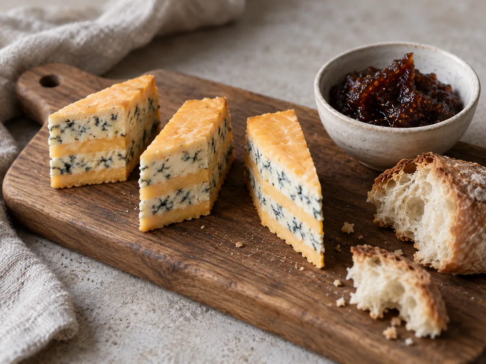 Narrow Huntsman portions with fig paste and crusty bread on a wooden board - Huntsman cheese | KnowTheCheese