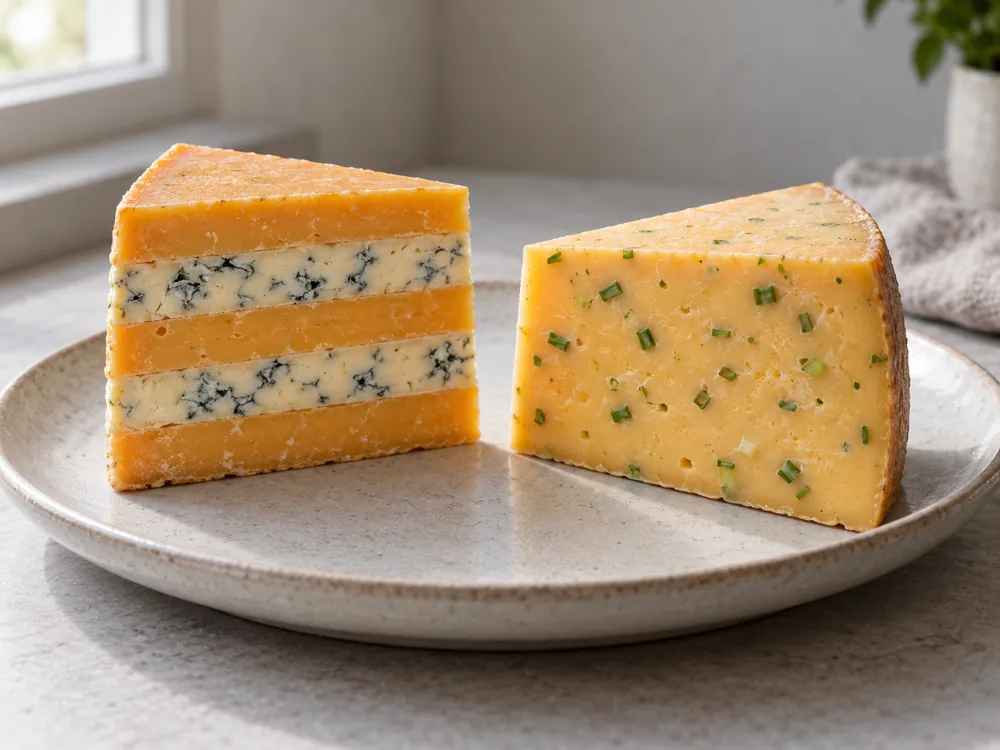 Layered Huntsman beside a chive-flecked Cotswold wedge - Huntsman cheese | KnowTheCheese