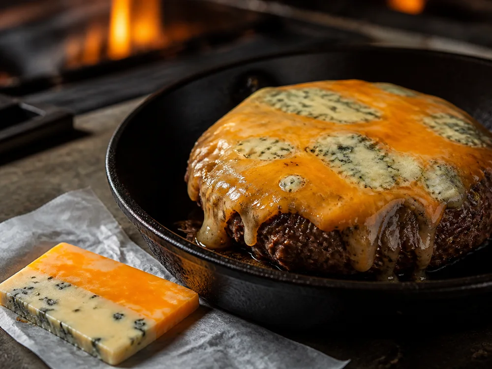 Huntsman cheese melted in golden and blue patches on a burger - Huntsman cheese | KnowTheCheese