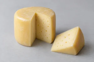 Small cylindrical straw-yellow cheese with a wedge cut out, showing small round holes in the paste - Hushållsost | KnowTheCheese