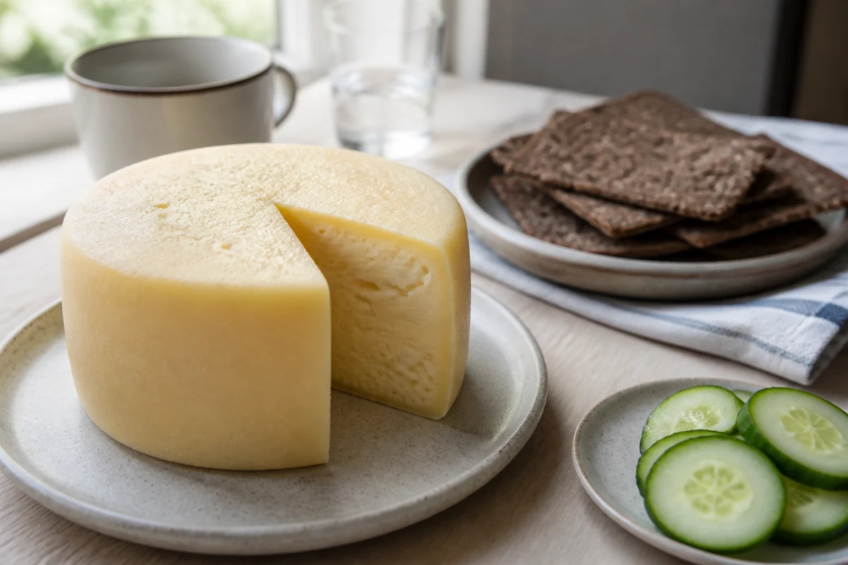 Round Hushållsost wheel with small holes on a Swedish breakfast table - Hushållsost cheese | KnowTheCheese