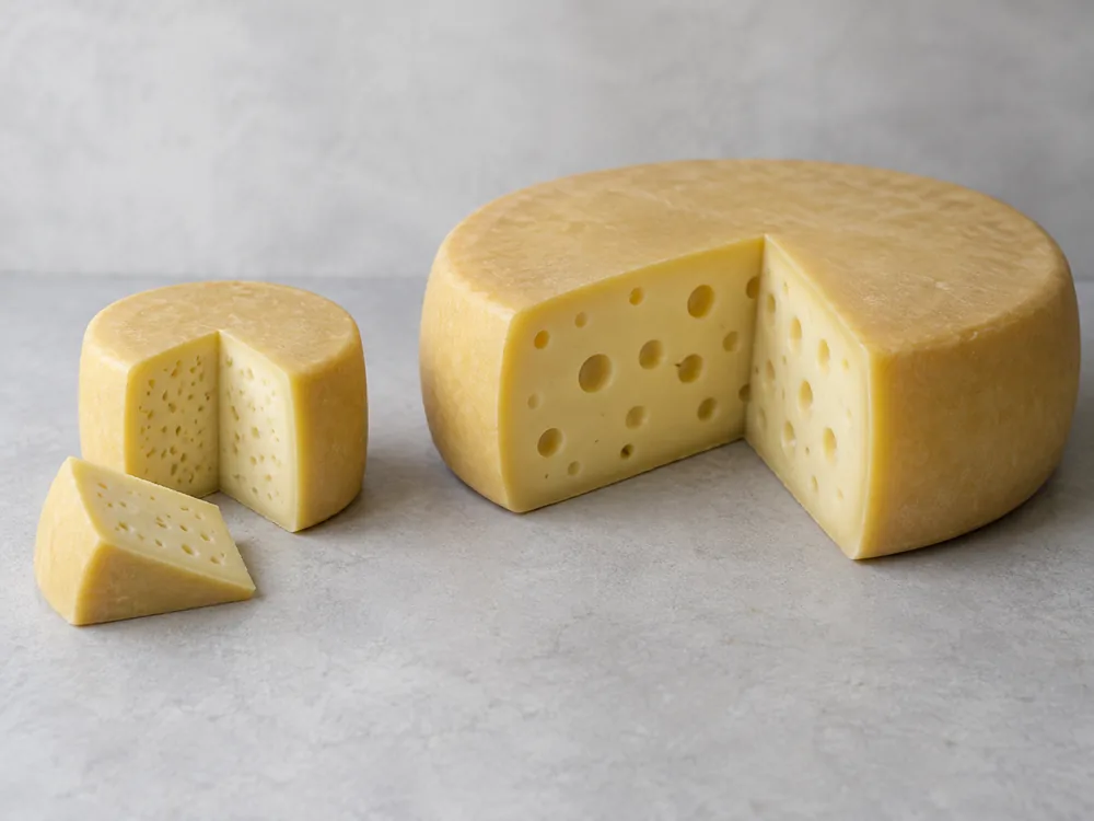Small cheese cylinder with tiny holes beside a much larger flat cylinder with bigger holes - Hushållsost | KnowTheCheese