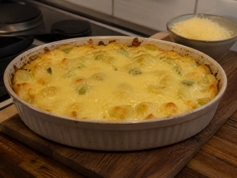 Hushållsost melted over a potato and leek casserole - Hushållsost cheese | KnowTheCheese