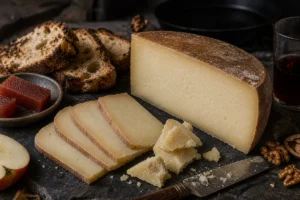 Idiazabal-style sheep cheese wedge and slices with charred bread, quince paste, walnuts, and knife - Idiazabal cheese | KnowTheCheese