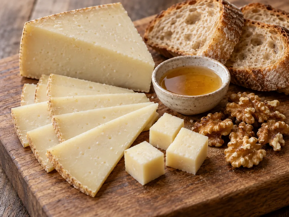 Thin slices and cubes of ivory cheese with bread, walnuts and a bowl of honey on a board - Idiazabal | KnowTheCheese